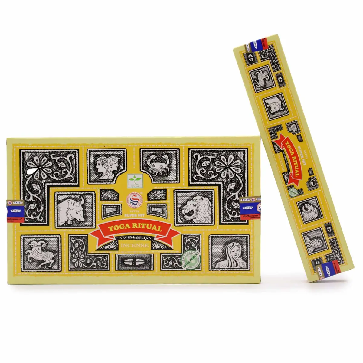 Förpackning med Satya Super Hit Yoga Ritual rökelsepinnar i gul design med svartvita illustrationer