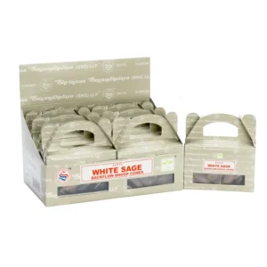 Förpackning med Satya White Sage Backflow Dhoop-koner i kartong