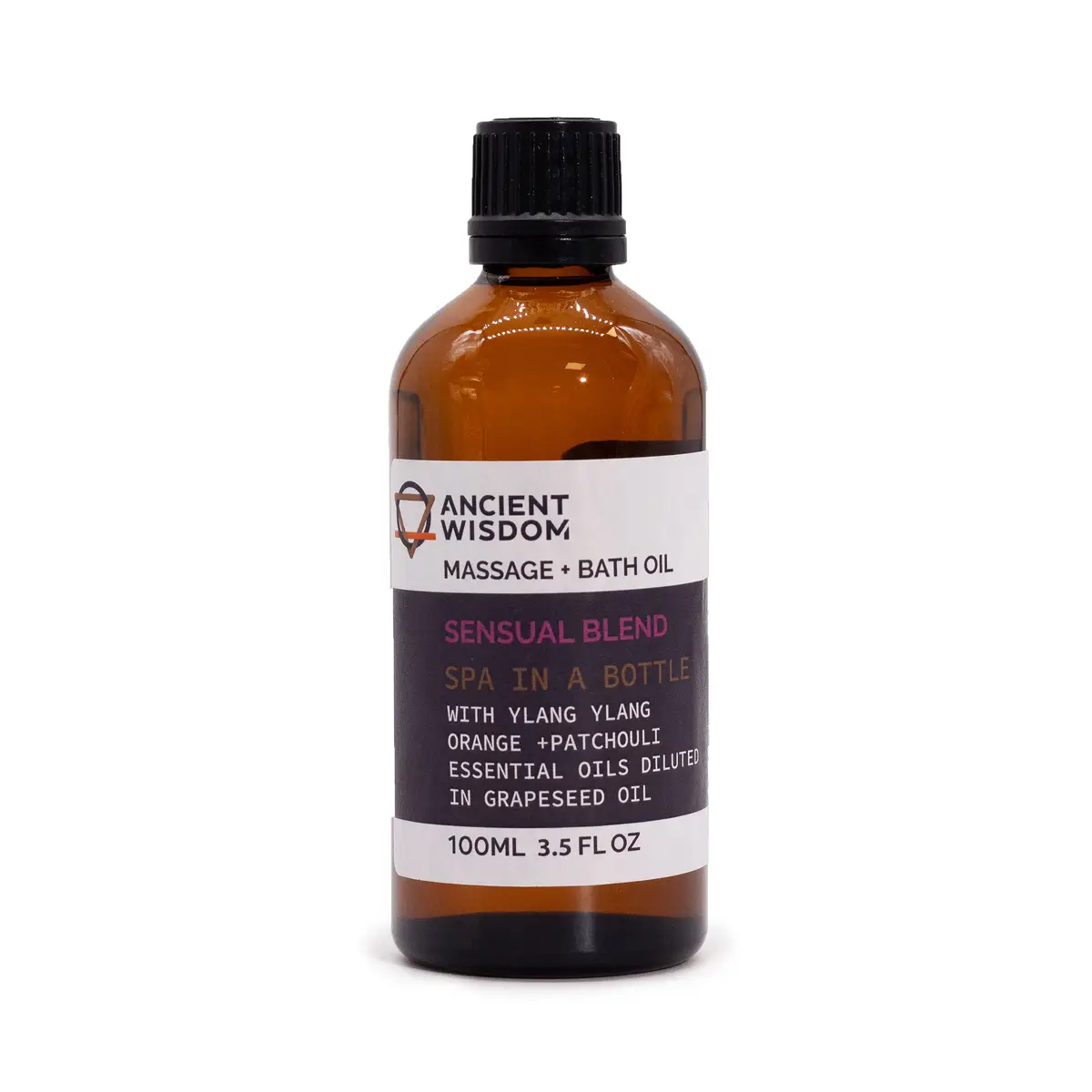 Flaska med sensuell massageolja från Ancient Wisdom, 100 ml
