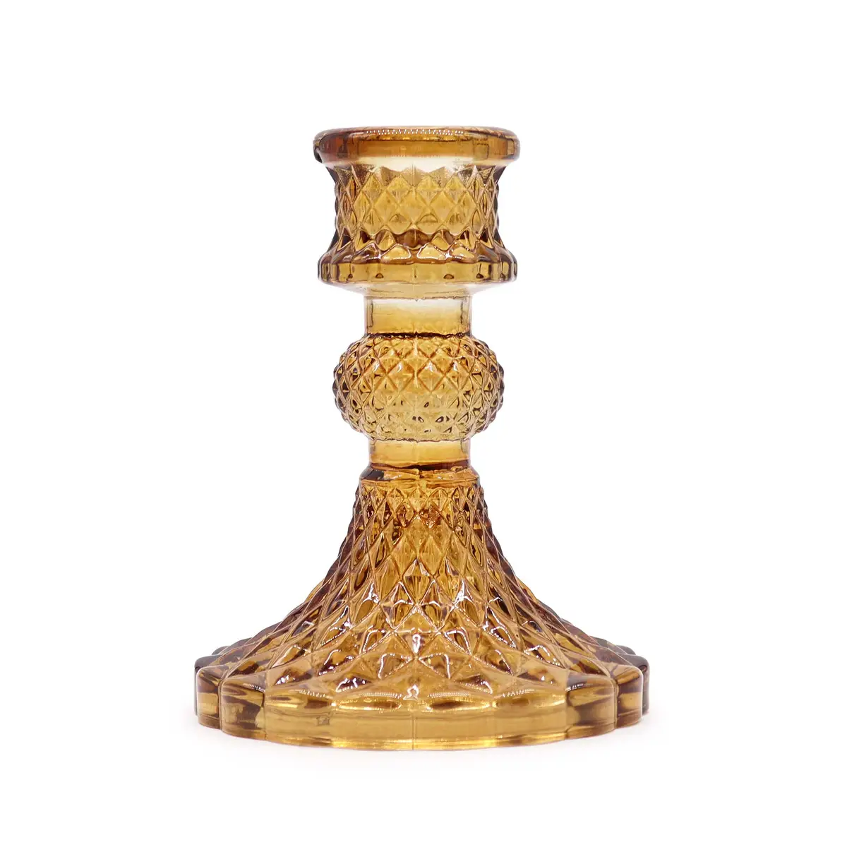 Vintage glasljusstake i antik bärnstensfärgat glas med detaljerat mönster