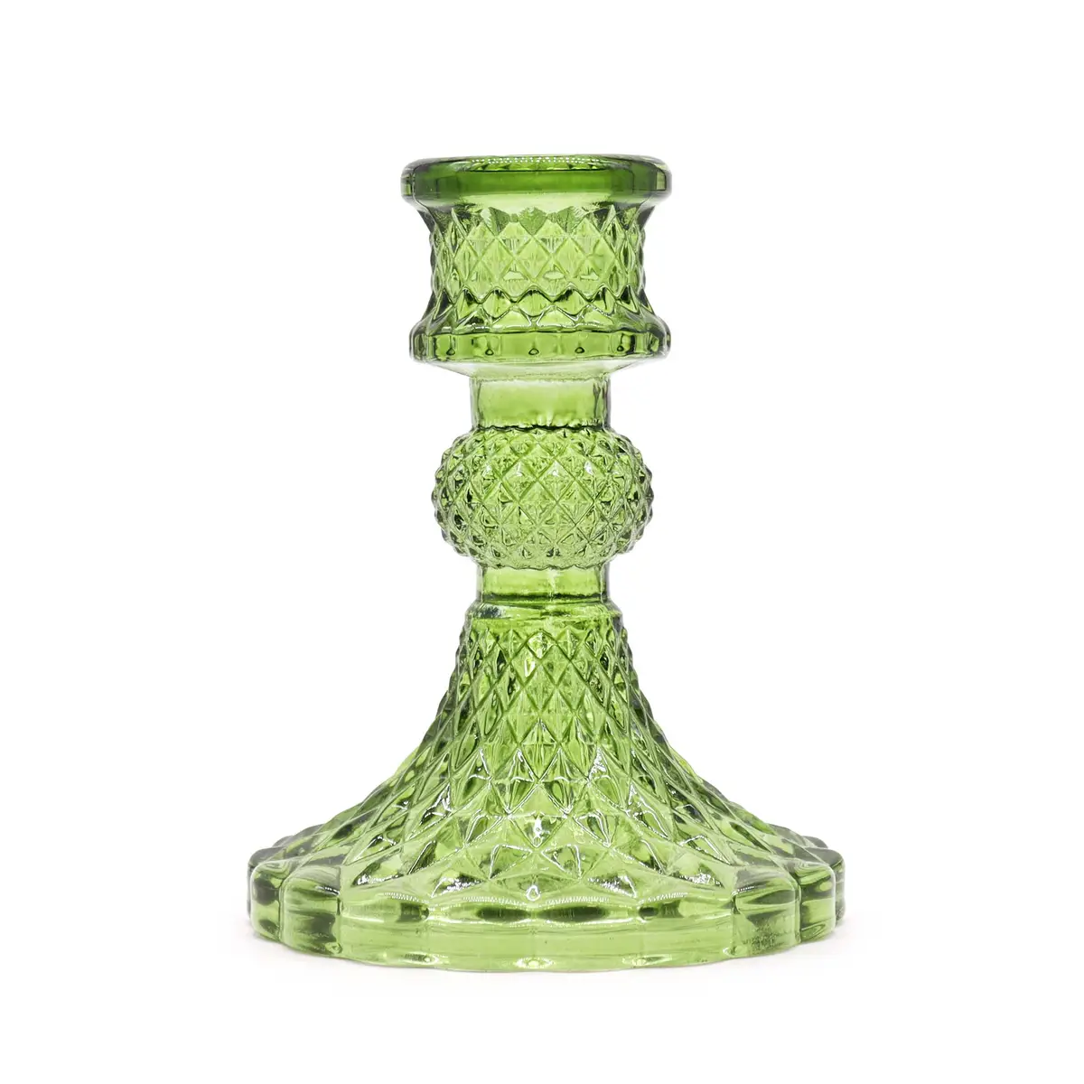 Grön glasljusstake i vintage-stil med mönstrad yta