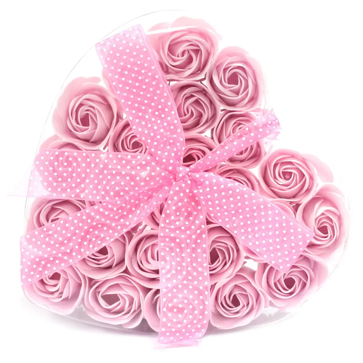 Hjärtformad ask med 24 rosa tvålblommor och rosa prickig rosett