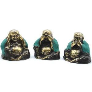 Tre små Fengshui-figurer i mässing med turkosa detaljer som visar de klassiska motiven se, hör och säg inget ont