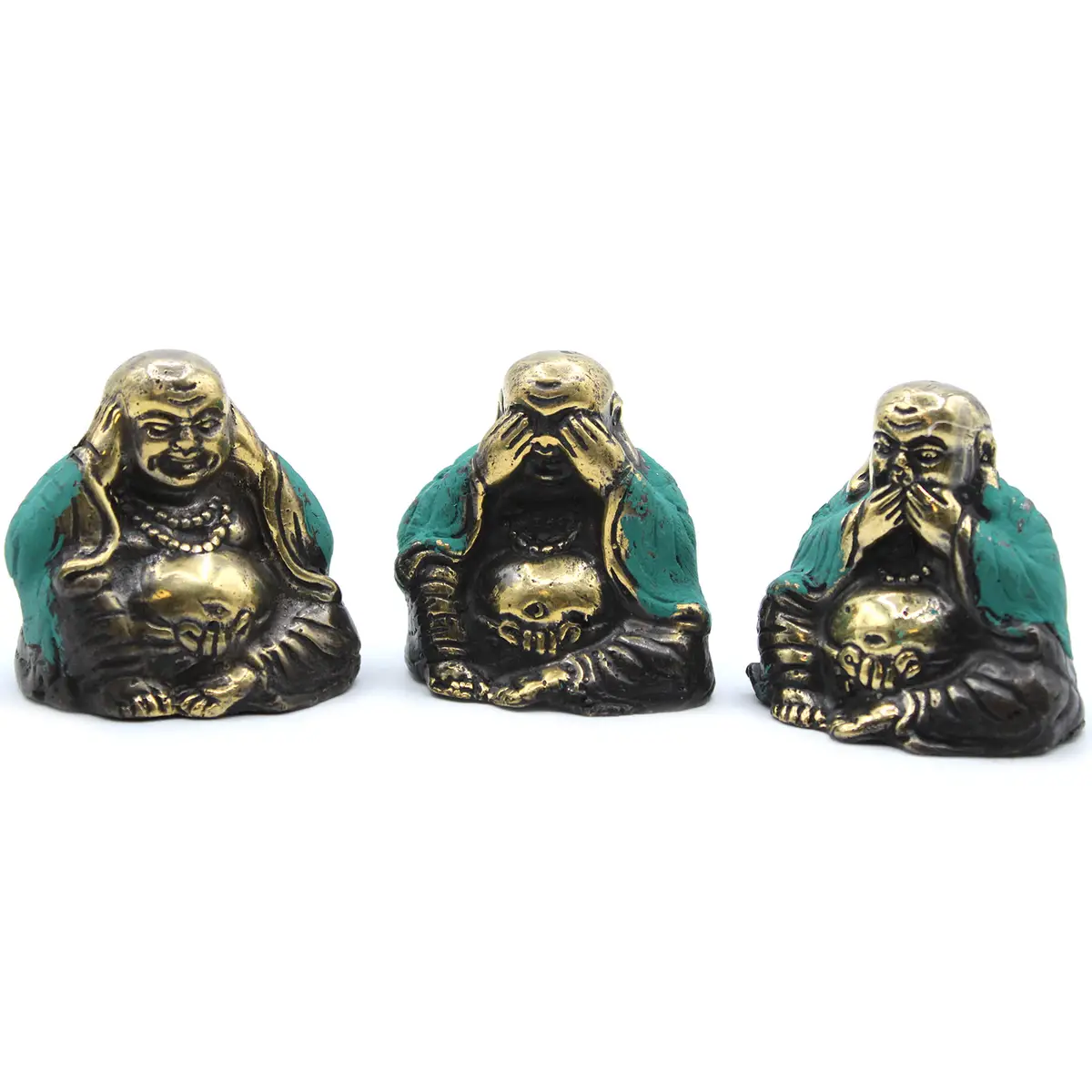 Tre små Fengshui-figurer i mässing med turkosa detaljer som visar de klassiska motiven se, hör och säg inget ont
