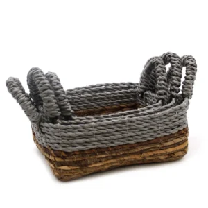 Set med 3 fyrkantiga förvaringskorgar i bananblad och grå raffia - produktbild 3