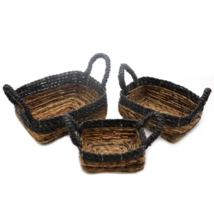 Set med 3 fyrkantiga förvaringskorgar i bananblad och svart raffia - produktbild 4