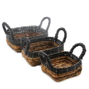 Set med 3 fyrkantiga förvaringskorgar i bananblad och svart raffia - produktbild 5