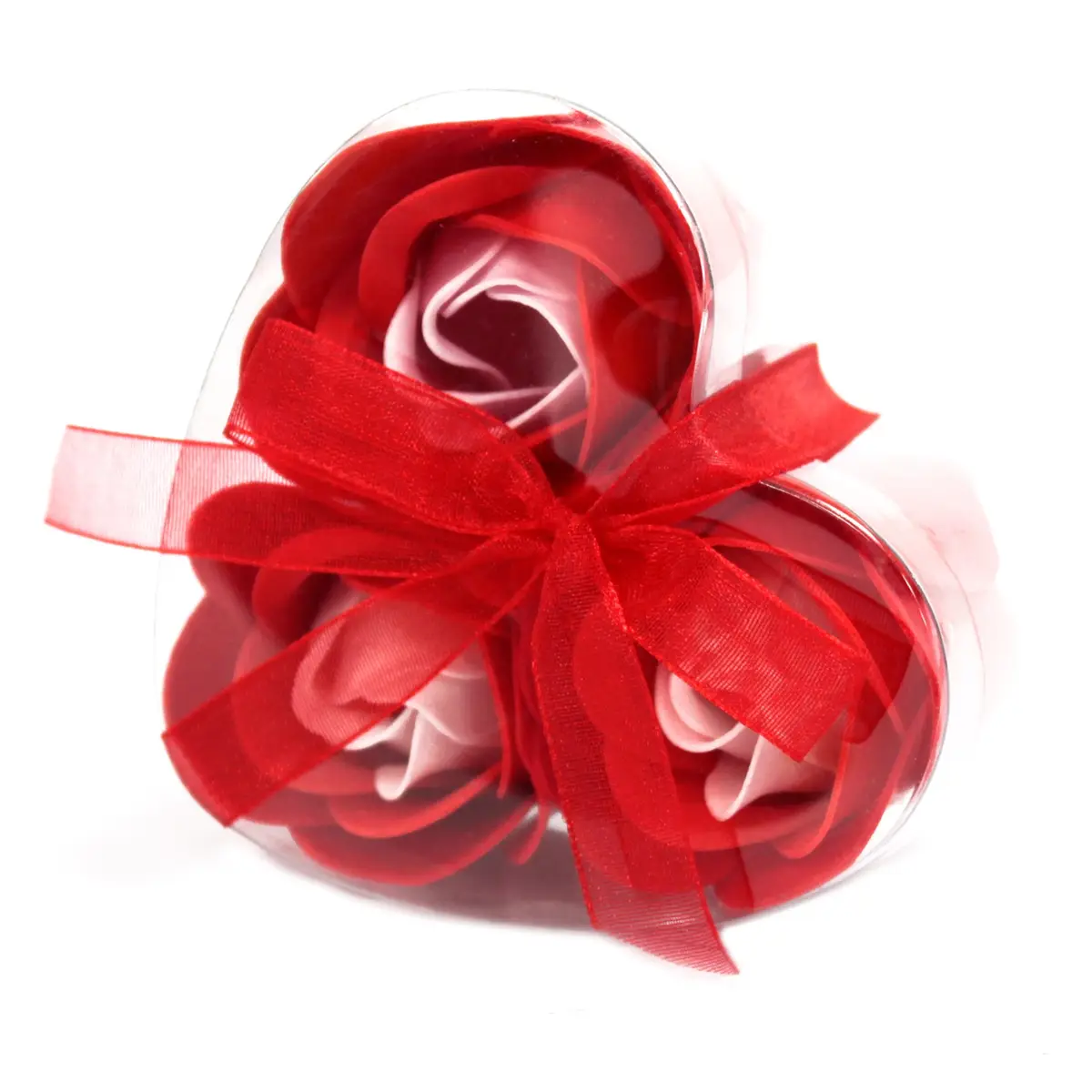 Hjärtformad ask med tre röda tvålblommor och rött band