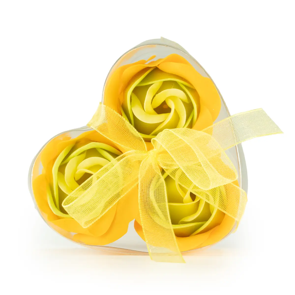 Hjärtformad ask med tre gula tvåltblommor och gul rosett
