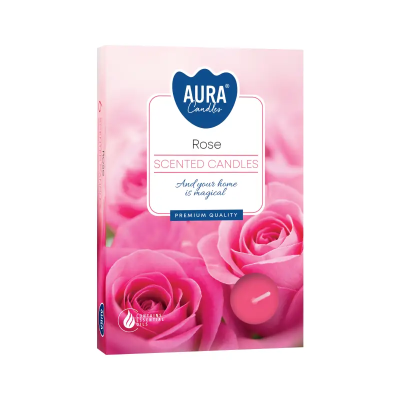Förpackning med sex rosa doftvärmeljus med rosor på omslaget