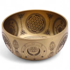 Set med fyra handgjorda tibetanska klangskålar i mässing med Buddha-motiv - produktbild 10