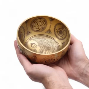 Set med fyra handgjorda tibetanska klangskålar i mässing med Buddha-motiv - produktbild 3