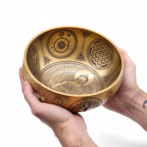 Set med fyra handgjorda tibetanska klangskålar i mässing med Buddha-motiv - produktbild 5
