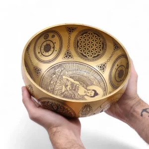 Set med fyra handgjorda tibetanska klangskålar i mässing med Buddha-motiv - produktbild 6