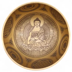 Set med fyra handgjorda tibetanska klangskålar i mässing med Buddha-motiv - produktbild 8