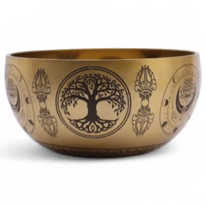 Set med fyra handgjorda tibetanska klangskålar i mässing med Buddha-motiv - produktbild 9