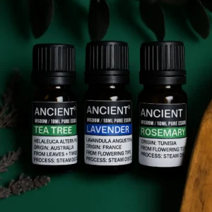 Tre små flaskor med lavendel-, tea tree- och rosmarin eteriska oljor på grön bakgrund