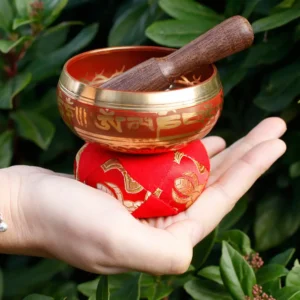 Set med mini tibetansk klangskål i rött med påse och kudde - produktbild 5