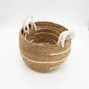 Set med stora förvaringskorgar i bomull och sjögräs med naturliga ränder, 3-pack - produktbild 2