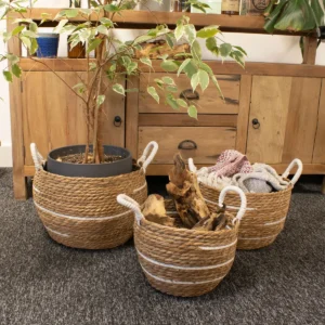 Set med stora förvaringskorgar i bomull och sjögräs med naturliga ränder, 3-pack - produktbild 8