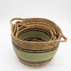 Set med stora korgar i bomull och sjögräs, naturfärgad med svart och grön, 3-pack - produktbild 2