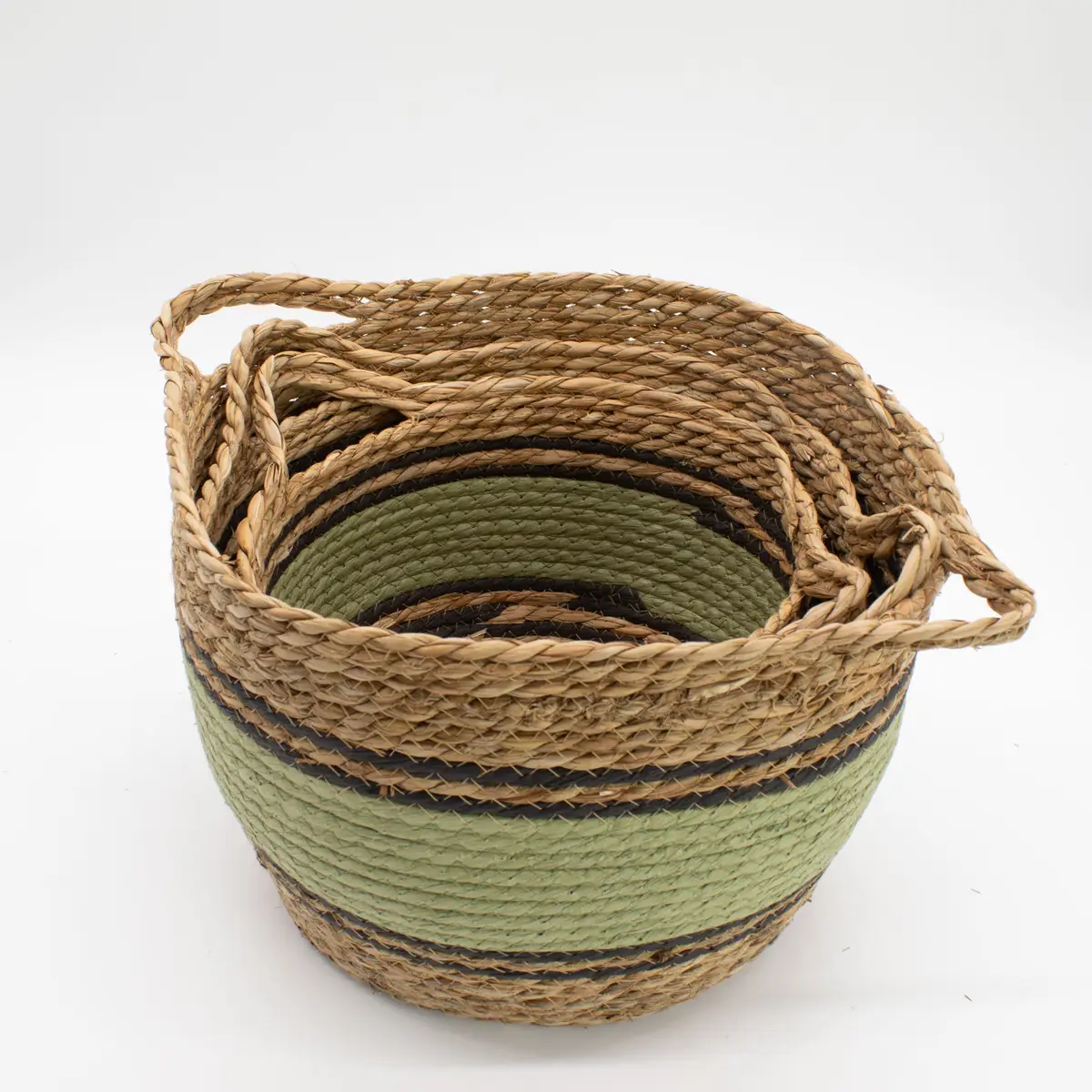 Set med stora korgar i bomull och sjögräs, naturfärgad med svart och grön, 3-pack - produktbild 2