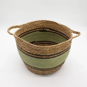 Set med stora korgar i bomull och sjögräs, naturfärgad med svart och grön, 3-pack - produktbild 3