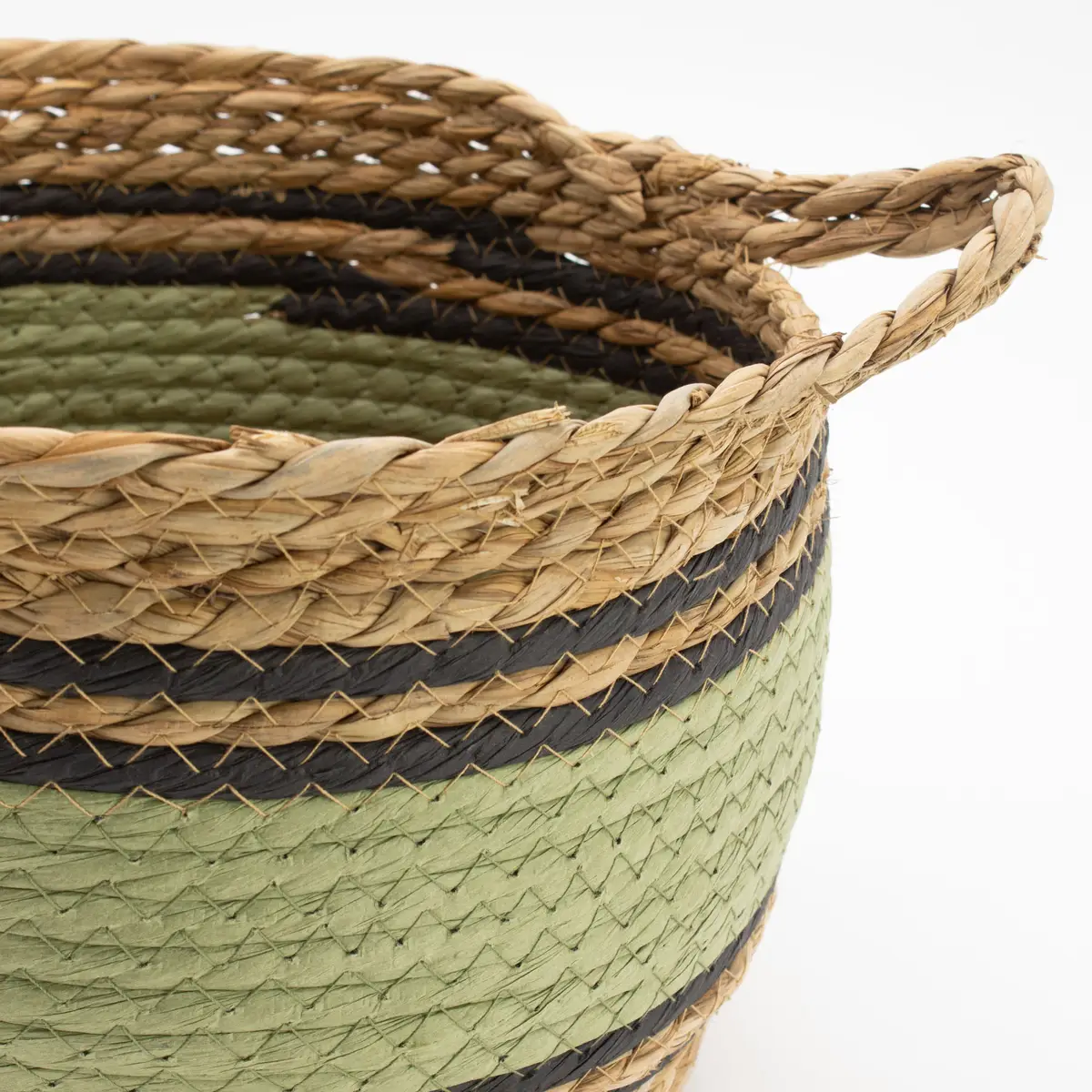 Set med stora korgar i bomull och sjögräs, naturfärgad med svart och grön, 3-pack - produktbild 6