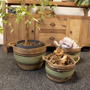 Set med stora korgar i bomull och sjögräs, naturfärgad med svart och grön, 3-pack - produktbild 7