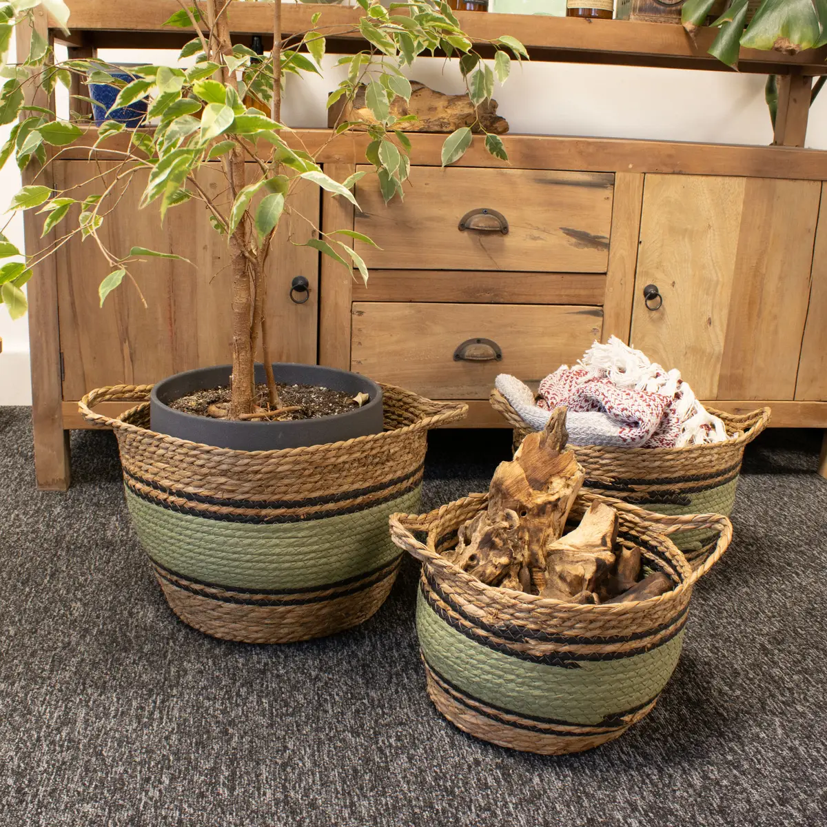 Set med stora korgar i bomull och sjögräs, naturfärgad med svart och grön, 3-pack - produktbild 7