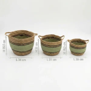 Set med stora korgar i bomull och sjögräs, naturfärgad med svart och grön, 3-pack - produktbild 8