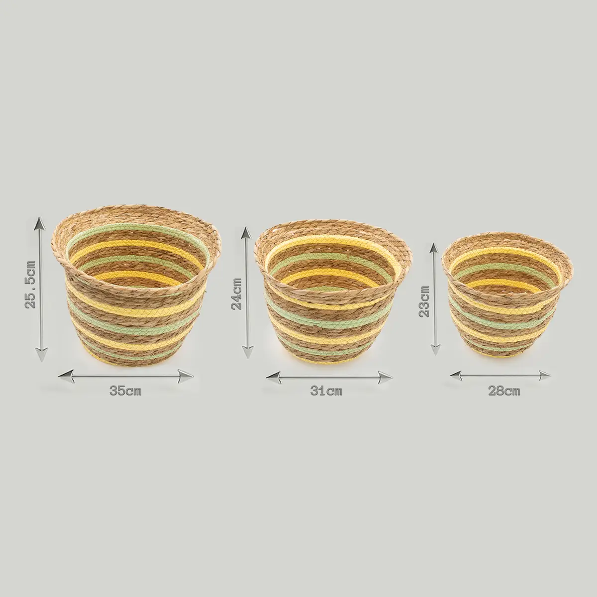 Set med tre vasformade korgar i sjögräs och halm, naturgul och grön - produktbild 6