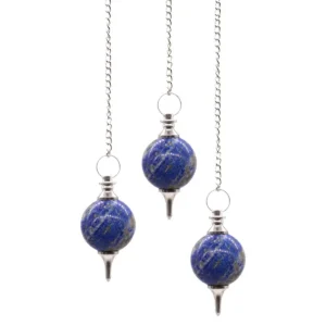 Sfärisk pendel i blå lapis lazuli med silverkedja och ädelstenspärla