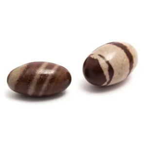 Två handpolerade Shiva Lingam-stenar med naturlig oval form och unika mönster