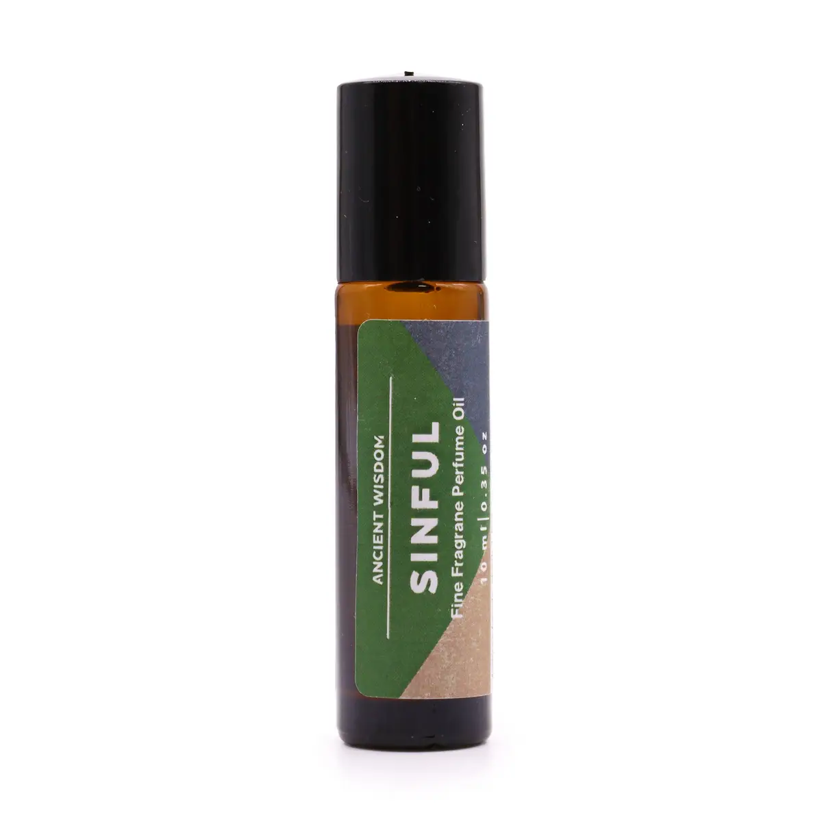 Flaska med Sinful finare doftolja i roll-on 10 ml med etikett i grönt och svart