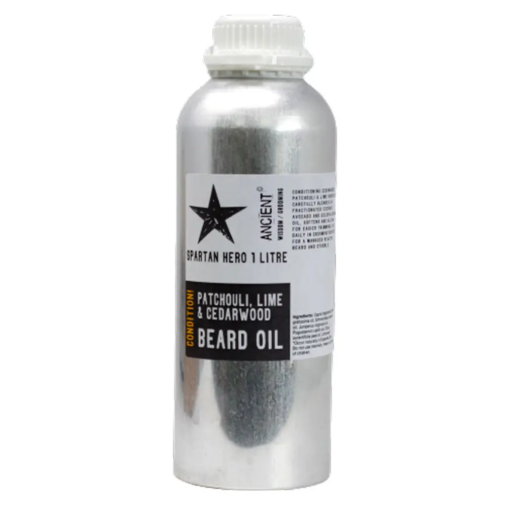 Flaska med skäggolja Spartan Hero 1 liter med patchouli, lime och cederträ