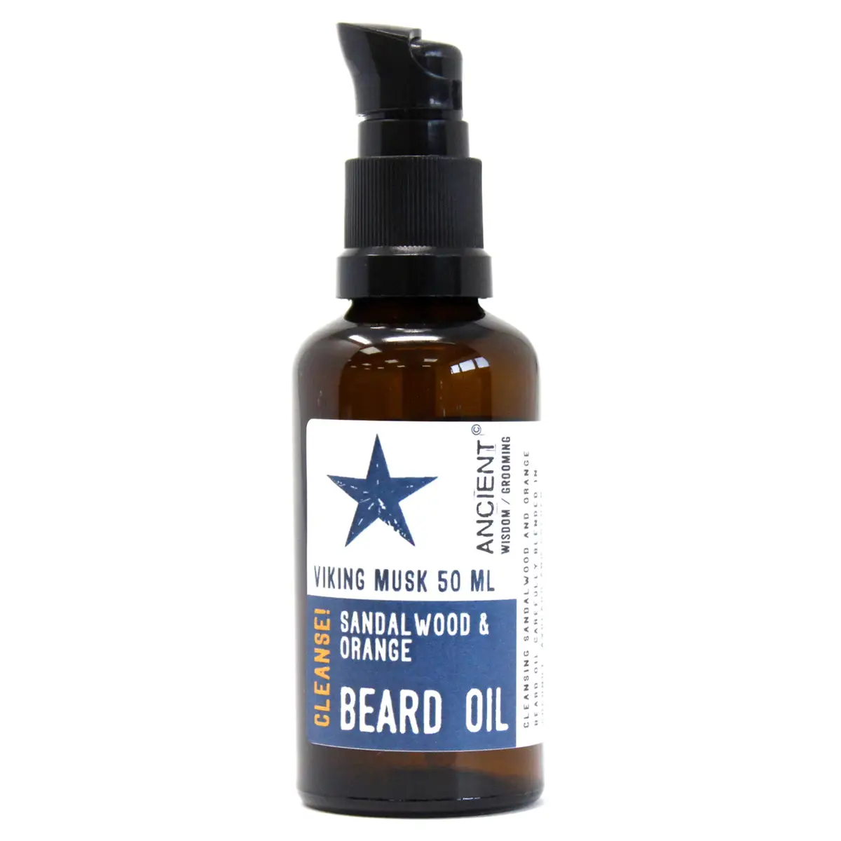 Flaska med skäggolja Viking Musk 50 ml med pump och etikett med stjärna