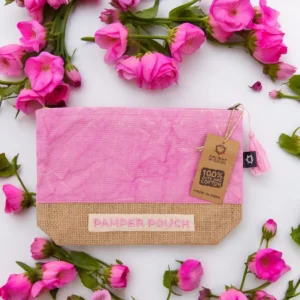 Sminkväska i jute och bomull, rosa och lila - produktbild 2