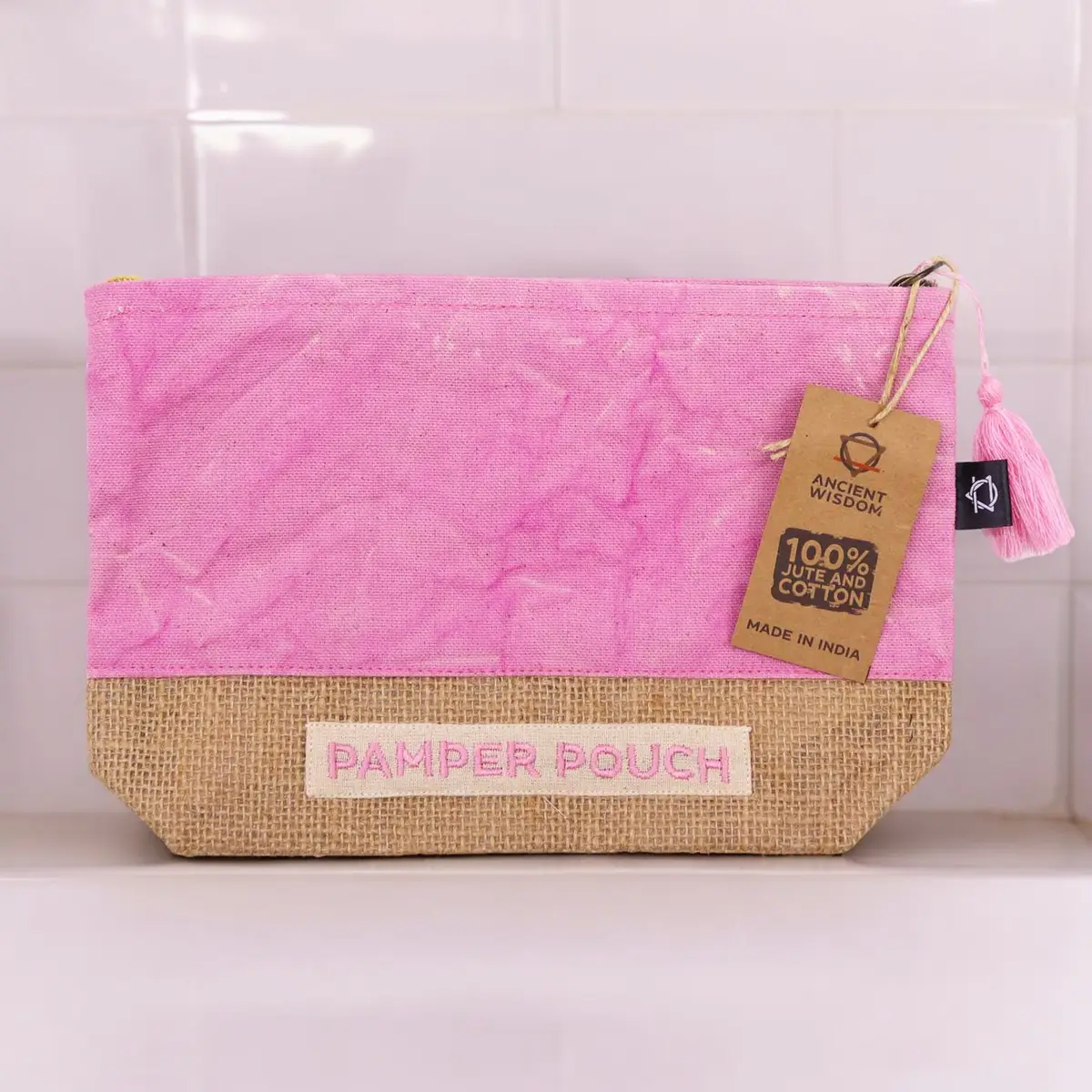 Sminkväska i jute och bomull, rosa och lila - produktbild 3