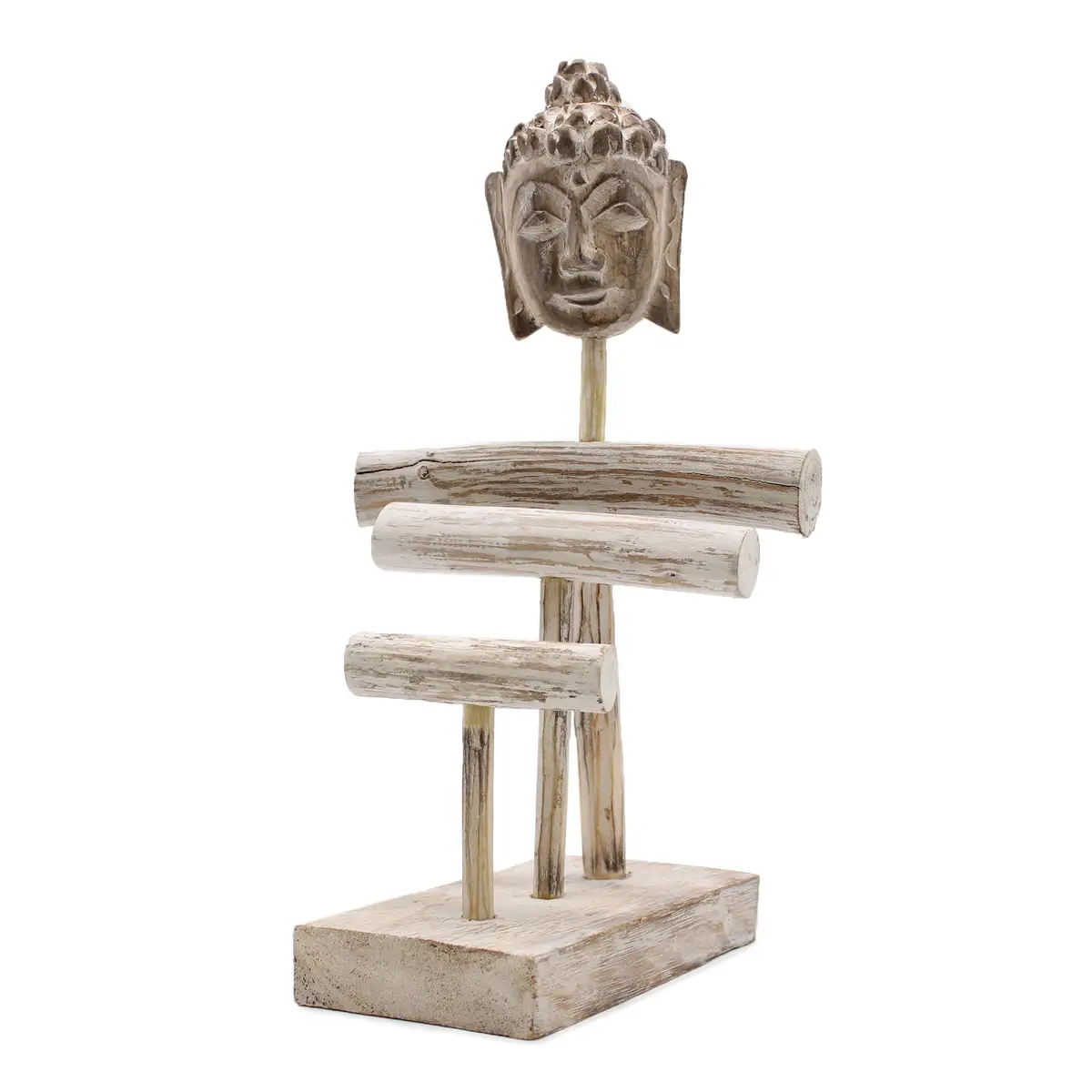 Smyckesställ med tre grenar och buddhafigur i vitlaserat trä - produktbild 3