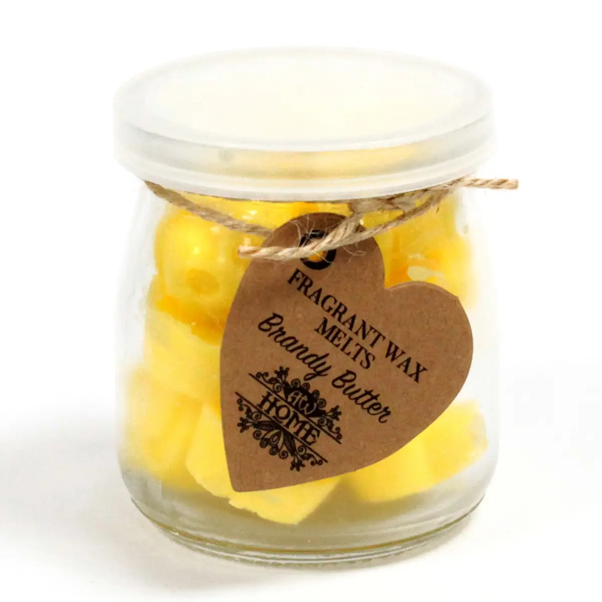 Glasburk med gula hjärtformade sojavaxsmältor och etikett Brandy Butter