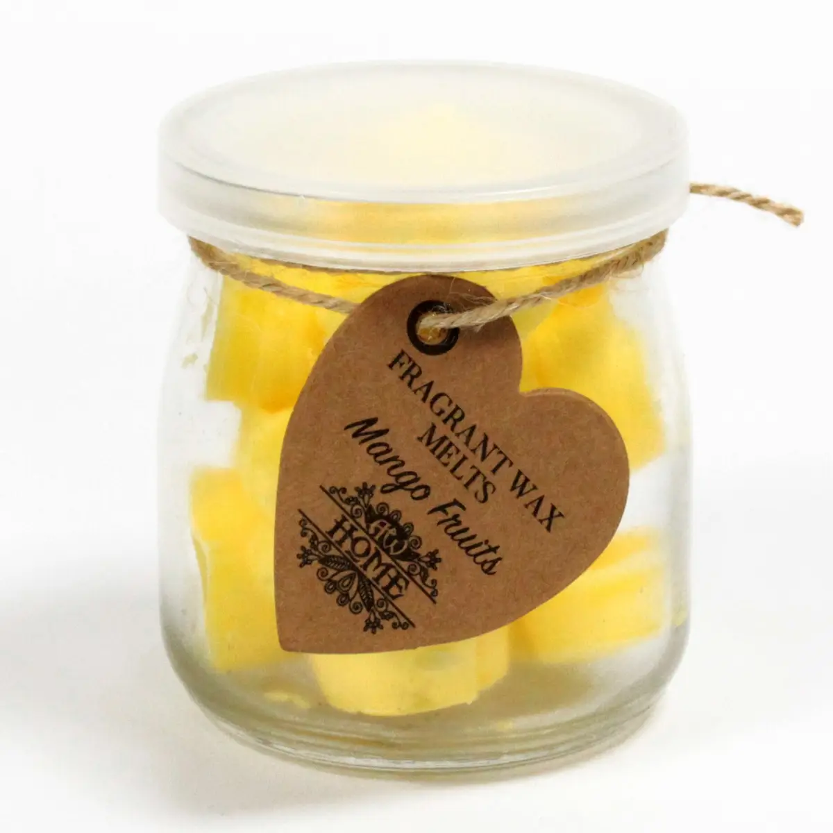 Glasburk med gula hjärtformade sojavaxsmältor och etikett med mango doft