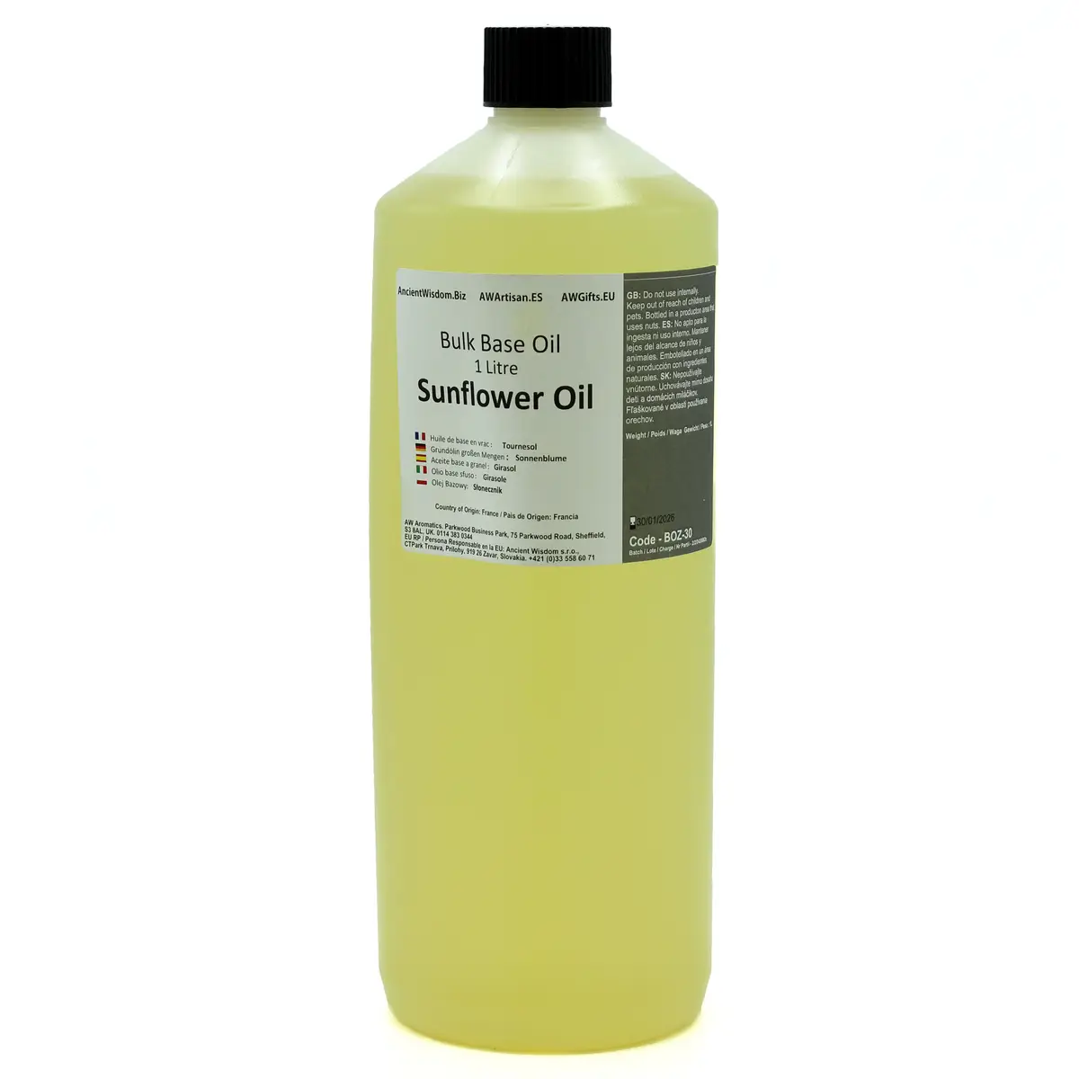 Flaska med 1 liter solrosolja med etikett