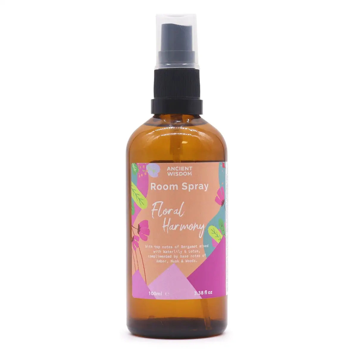 Brun glasflaska med spraypump och färgglad etikett för Floral Harmony sommardoftspray