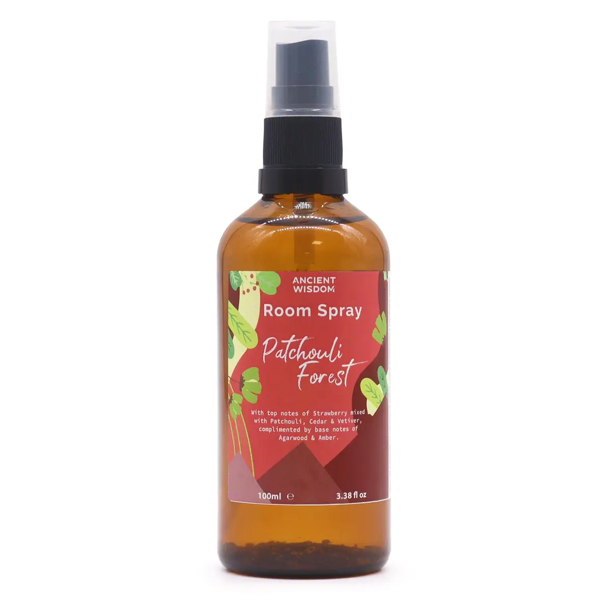 Brun sprayflaska med etikett Patchouli Forest rumsdoft