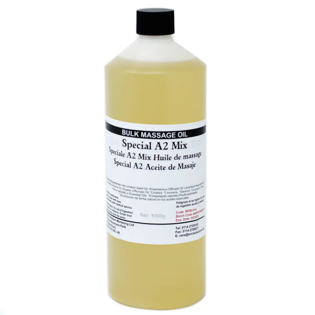 Flaska med Special A2 Mix massageolja 1 kg med vit etikett och svart lock