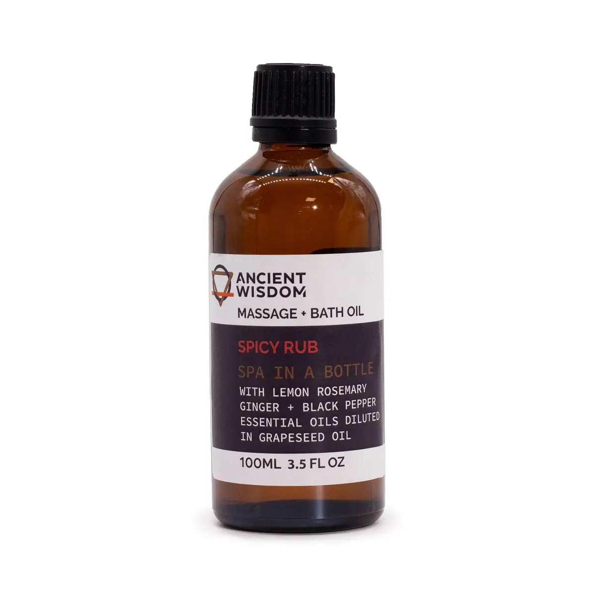 Flaska med Spicy Rub massageolja 100 ml från Ancient Wisdom