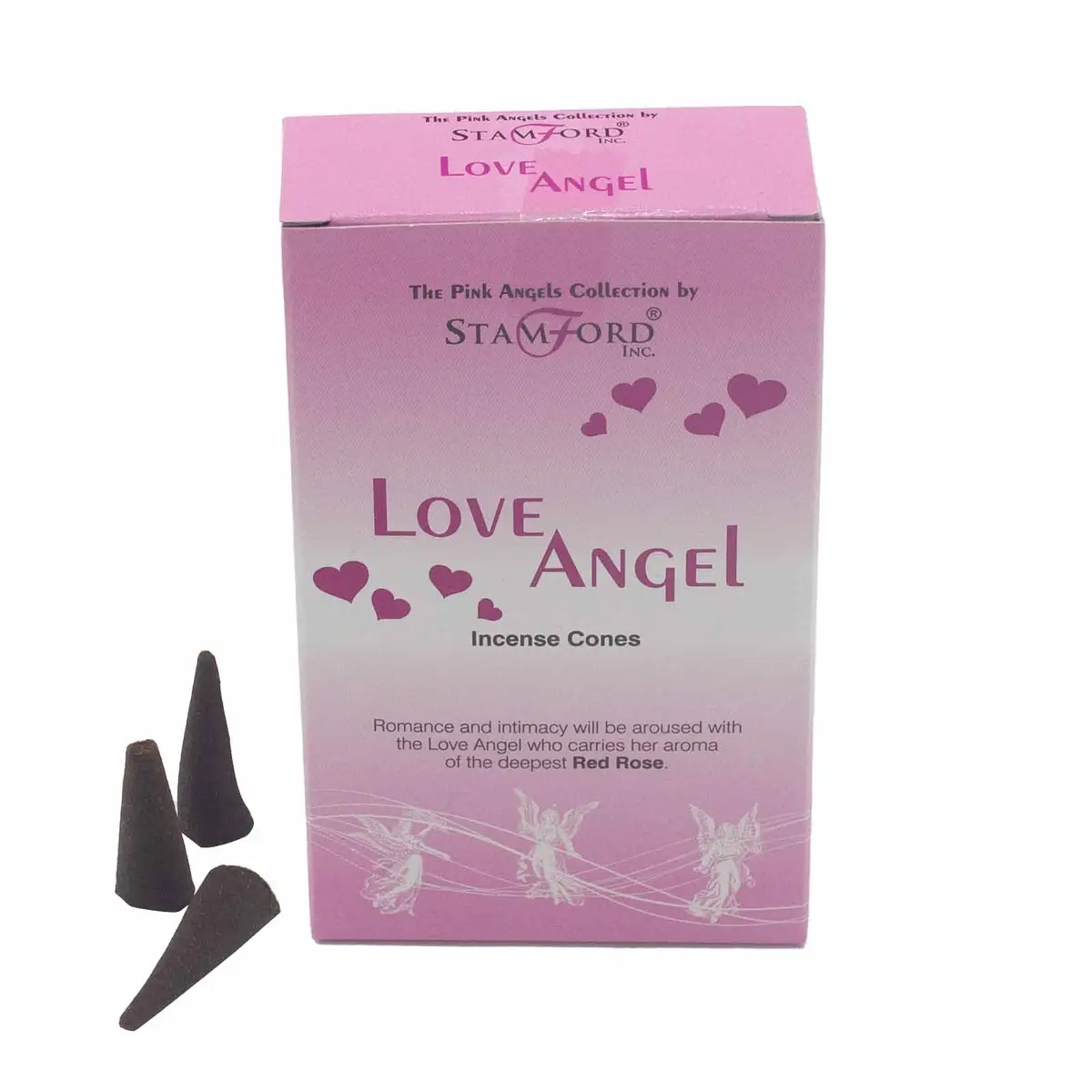 Stamford Angel Love Angel rökelsekoner i rosa förpackning med tre koner bredvid