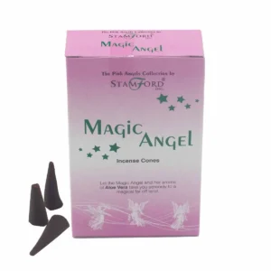 Förpackning med Stamford Magic Angel rökelsekoner och tre svarta koner bredvid