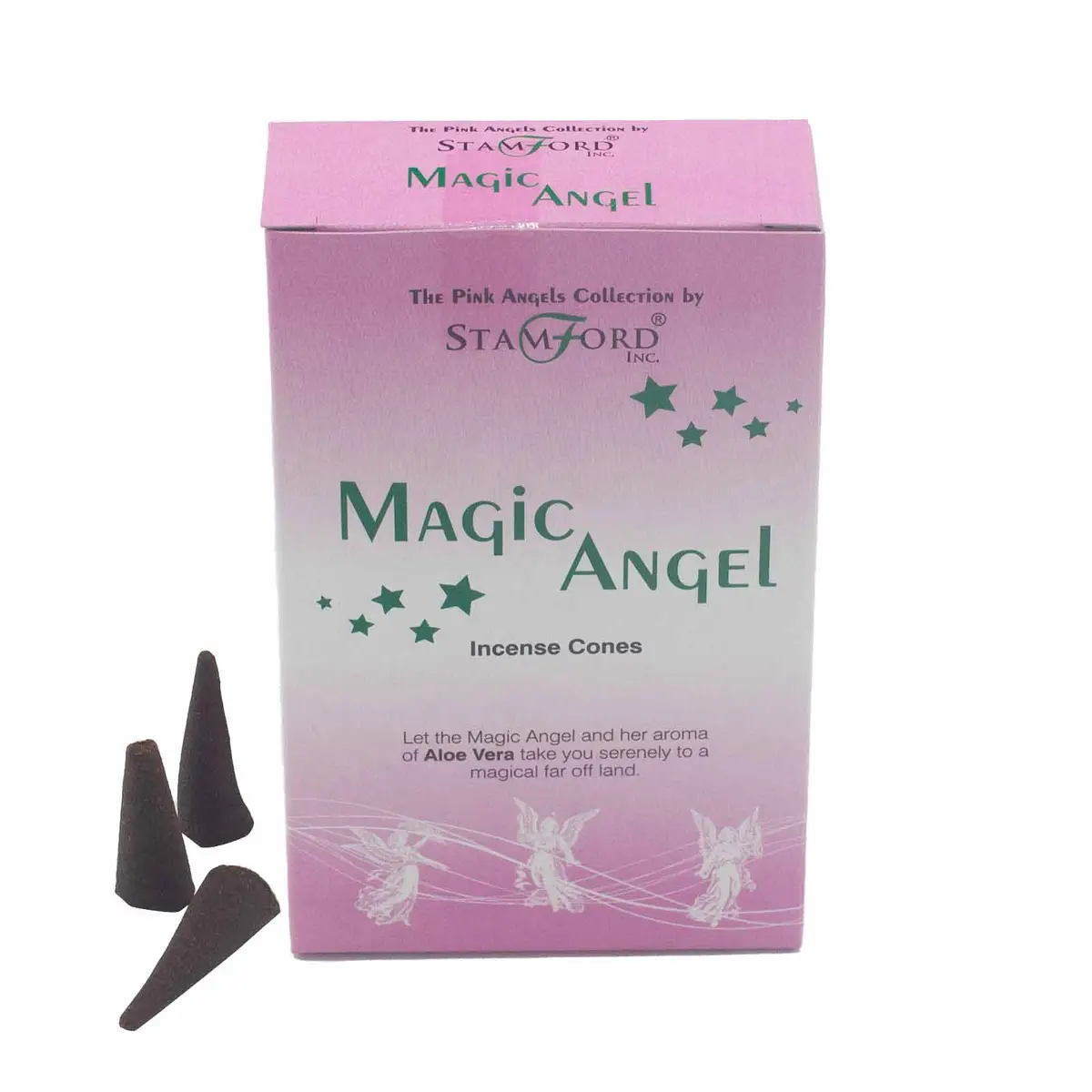 Förpackning med Stamford Magic Angel rökelsekoner och tre svarta koner bredvid